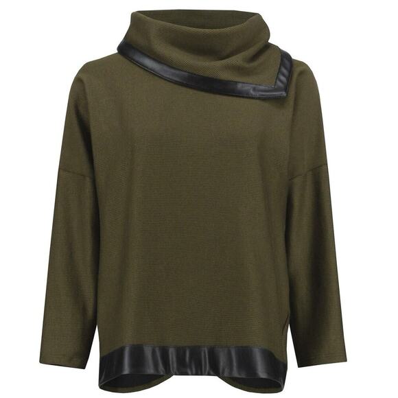 Joseph Ribkoff Olive/Black Cole Neckline Sweater Faux Leather Trim Womens Size 2 - Picture 2 of 9